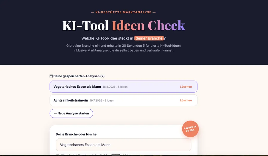 KI-Tool Ideen Check: Startbildschirm