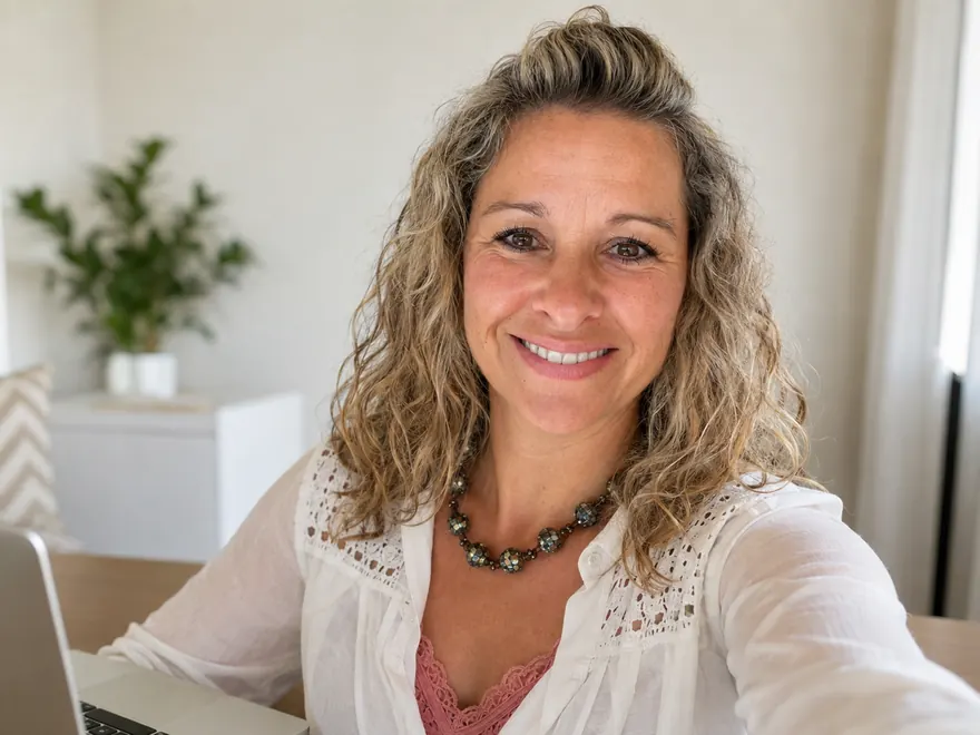 Nadine Elba l&auml;chelnd am Laptop in ihrem hellen Homeoffice